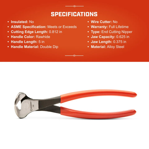 Top Shelf 8 Inch End Cutting Nipper Pliers Featuring Hand Honed Blade Edges And Contoured Dipped Handles For Clean Wire Snips And Hassle Free Reach Inside Tight Quarters Built From Rust Resistant Forged Steel