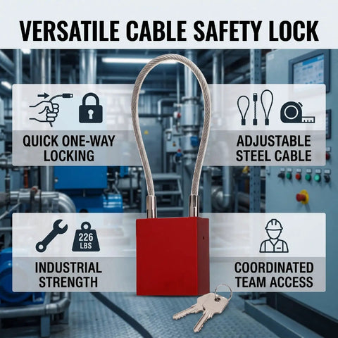 Lockout Tagout Cable Lock With Quick One Way Locking For Instant Isolation Industrial Safety Padlock with keys, steel cable