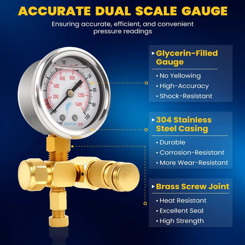 Hydraulic Breaker Hammer Nitrogen Gas Charging Kit With Dual Scale Gauge Glycerin Filled Brass And Stainless Construction Long 90 Cm Test Hose Pro Grade Nitrogen Pressure Test Tools For Hydraulic Breakers