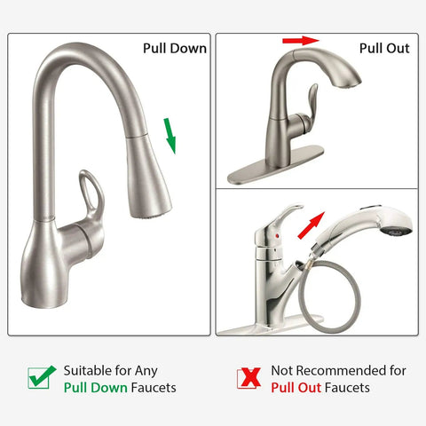 Image showing compatible and non-compatible faucets for Pulldown Faucet Hose Replacement Kit Model 150259 Compatible With Moen Pulldown Faucets Not For Pullout Models NSF Cupc Certified Brass Connectors Easy Install Durable Flexible Kink Resistant Great For Home Kitchens