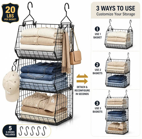 Dead Simple Hanging Closet Organizer With Expansive Tiered Wire Baskets Saves Serious Space In Your Laundry Room Keeps sweaters, jeans, scarves tidy.
