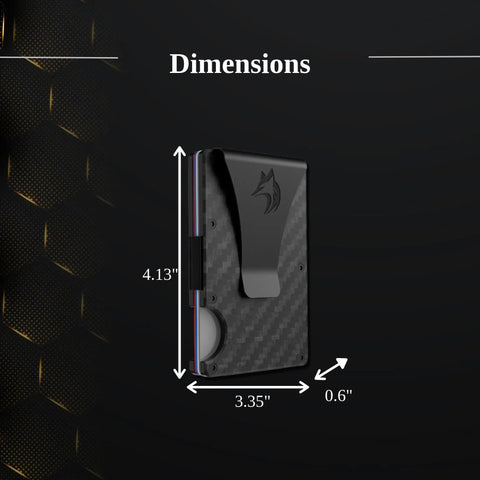 Ultra Slim RFID Blocking Wallet For Men With Money Clip Carbon Fiber Build showing dimensions 4.13 x 3.35 x 0.6 inches