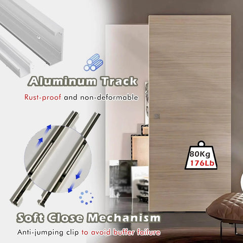 Concealed Sliding Door Hardware Kit With Soft Close Mechanism And Hidden Rails, Trackless Design With Aluminum Alloy Rails, installed view.