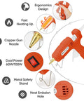Diagram of Dual Power Hot Glue Gun With 60W And 100W Settings, showing features like copper nozzle and metal stand, in bright orange.