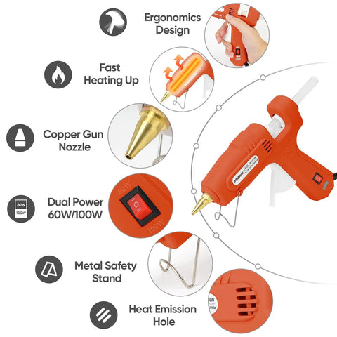 Diagram of Dual Power Hot Glue Gun With 60W And 100W Settings, showing features like copper nozzle and metal stand, in bright orange.