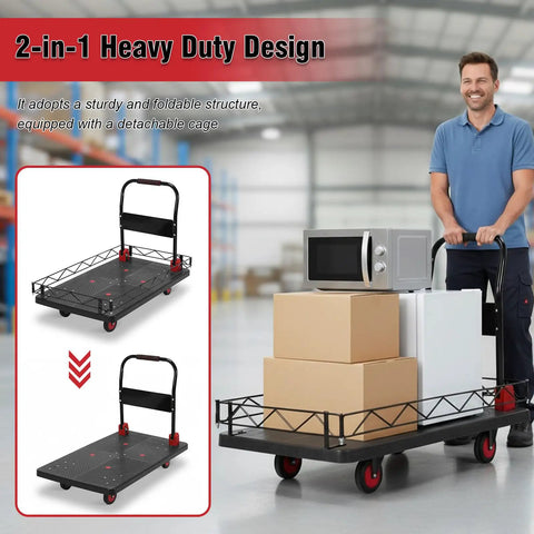 Two In One Cage Cart Dolly With Removable Fence And Foldable Platform Heavy Duty 2000 Lb Capacity Five Wheel System Swivel Wheels For Home Garage Warehouse And Job Site Moving carrying boxes and microwave