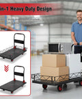Heavy Duty Folding Platform Cart With Removable Cage And Steel Wire Fence, 2-In-1 Flatbed Trolley For Moving Tools And Large Loads, Built Tough With Reinforced Tubes And Thickened PP Components, Easy Fold And Unfold. Two-wheel cage and flatbed use shown.