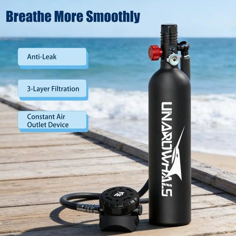 1L Mini Scuba Tank Portable Pony Bottle with Built In Regulator; black aluminum, anti-leak feature, beach background