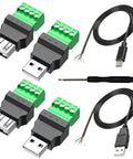USB 2.0 Type A To 4 Pin Terminal Block Connector Adapter Pack with cables and screwdriver, plug-and-play portable converter.