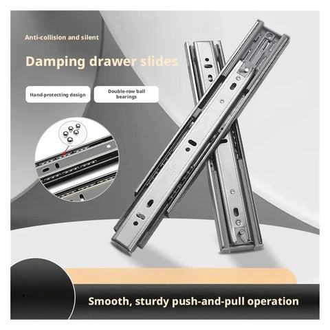 Super Durable Heavy Duty Stainless Steel Bottom Mounted Concealed Drawer Slides Adjustable From 10 To 22 Inches Wide close-up view showing smooth operation and ball bearings.