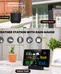 All-In-One Weather Station With No-Fuss Self-Emptying Wireless Rain Gauge For Indoor Outdoor Use, Thermometer, Barometric Pressure, Humidity Sensor, Atomic Clock, Digital Forecast And Alerts with display and sensors in real-life setting