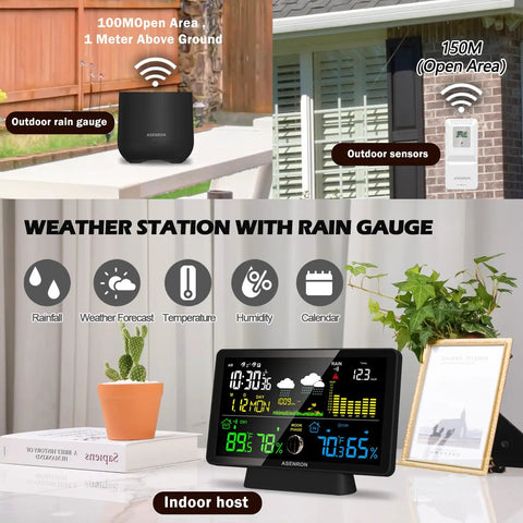 All-In-One Weather Station With No-Fuss Self-Emptying Wireless Rain Gauge For Indoor Outdoor Use, Thermometer, Barometric Pressure, Humidity Sensor, Atomic Clock, Digital Forecast And Alerts with display and sensors in real-life setting