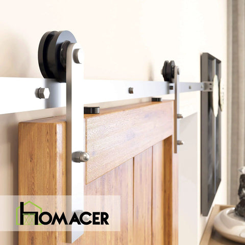 Close-up of Brushed Nickel Sliding Barn Door Hardware Kit For Single Door, 6ft Flat Track, Non-Bypass System With Straight Rollers
