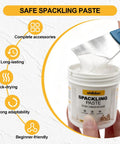 All In One Drywall Repair Kit With 12.2 Oz Putty showing a scraper in spackling paste; features include long-lasting and quick-drying.