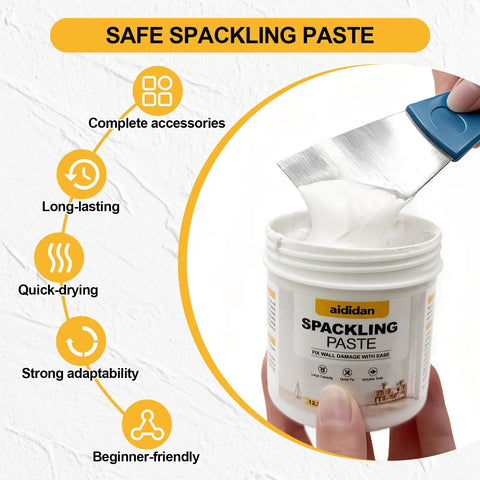 All In One Drywall Repair Kit With 12.2 Oz Putty showing a scraper in spackling paste; features include long-lasting and quick-drying.