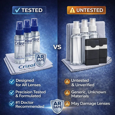 Front view of Crizal AR lens cleaning kit with 3 spray bottles and 3 cloths; AR Safe badge