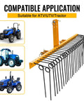 60 Inch Heavy Duty Powder Coated Steel Pine Straw Rake With 26 Spring Steel Tines attached to tractors