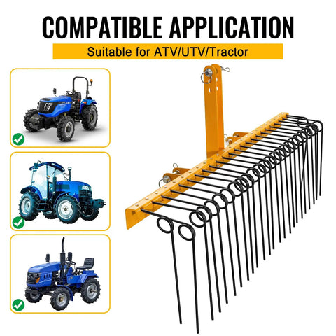 60 Inch Heavy Duty Powder Coated Steel Pine Straw Rake With 26 Spring Steel Tines attached to tractors