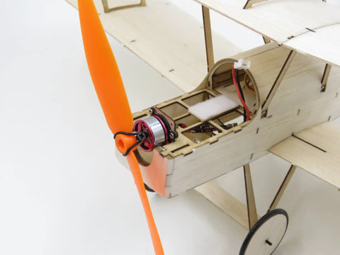 Close-up of Micro RAF SE5A Balsa Wood Biplane Kit With 14.8 Inch Wingspan Laser Cut Unassembled RC Plane motor and propeller