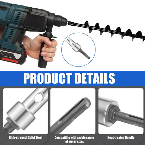 Auger Drill Adapter For Half Inch SDS Plus Corded And Cordless Drills High Hardness Steel Impact Garden Earth Drill Adapter displayed