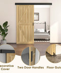 Six Foot Sliding Barn Door Hardware Track Kit With Handles In Black. Installed on wooden door with decorative cover and floor guide.