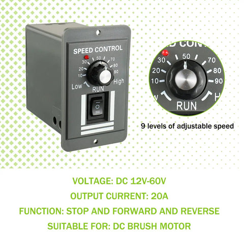 DC Motor Speed Controller 12V To 60V, 20A Adjustable PWM With Forward And Reverse Switch, visible with control knob and switch