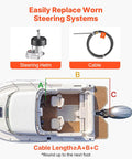 Boat Steering System Kit With 17 Ft Outboard Steering Cable And Aluminum Alloy Helm components shown above a top-view boat diagram