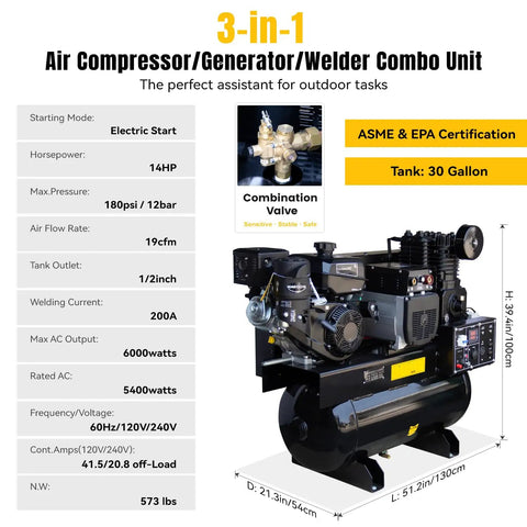 Get This Badass 3-in-1 MutsMover Gas Powered Air Compressor Generator And Welder. With A Massive 15HP Engine, 30 Gallon ASME Tank, And 19 CFM Flow, It Packs 6000W Power For Heavy Duty Job Sites. Perfect For Truck Mounted Industrial Use Or Remote