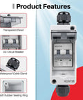 Rock Solid Solar Panel Disconnect Switch With 30 Amp And 550 VDC Rating Featuring IP65 Weatherproof Outdoor Enclosure, transparent panel.