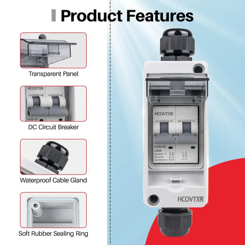 Rock Solid Solar Panel Disconnect Switch With 30 Amp And 550 VDC Rating Featuring IP65 Weatherproof Outdoor Enclosure, transparent panel.
