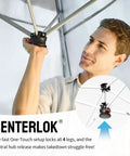 Man demonstrating setup of 10x10 Pop Up Canopy Tent With One Button Easy Setup Center Lock No Fuss Instant Sun Shelter