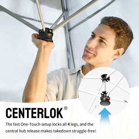 Man demonstrating setup of 10x10 Pop Up Canopy Tent With One Button Easy Setup Center Lock No Fuss Instant Sun Shelter