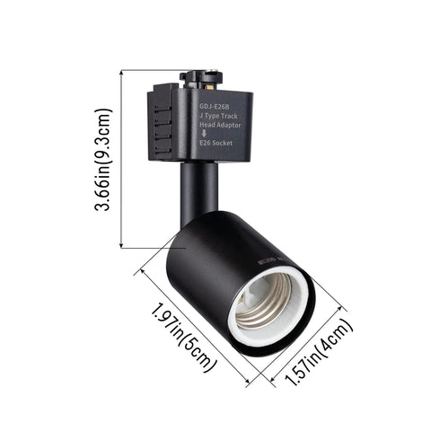 J Type Track Lighting Heads To E26 Medium Screw Base Adapters, Direction Adjustable, Slick Black Finish, Size 3.66x1.97x1.5 in.