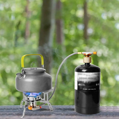 Windproof 3500W Camp Stove Portable Gas Stove with Piezo Ignition and Fuel Canister on outdoor table