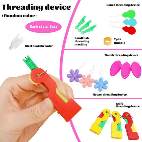 All in One Needle Threader Set For Hand Sewing And Embroidery With 20 Pieces, Six Types With Three Each Plus Two Thimbles