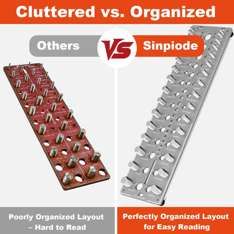 Comparison of poorly organized vs perfectly organized 51 In 1 Bolt Size Finder And Thread Checker With 32 Metric And 32 SAE Nut And Bolt Gauges