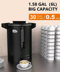 30 Cup Commercial Coffee Urn For Catering Pro Grade 6L Large Capacity With Double Wall Stainless Steel Brew System Dripless Faucet Quick Brew 750W High Volume Coffee Maker Keeps Coffee Hot For Events And Buffets Black on countertop with stack of white cups