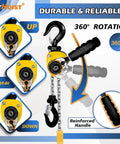 Quarter Ton Chain Hoist With 550 Lbs Capacity And 10 Ft Lift Manual Lever Come Along Hoist showcasing handle rotation feature.
