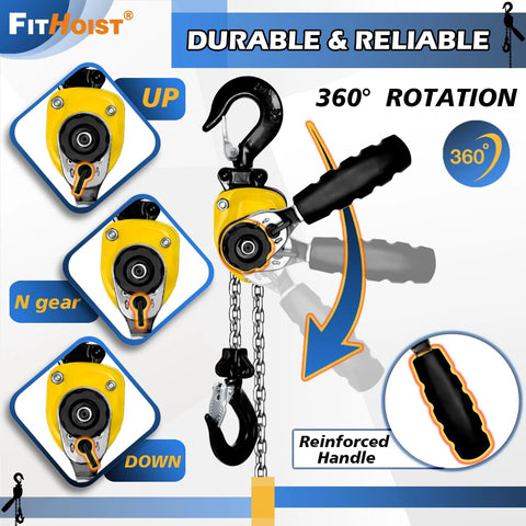 Quarter Ton Chain Hoist With 550 Lbs Capacity And 10 Ft Lift Manual Lever Come Along Hoist showcasing handle rotation feature.