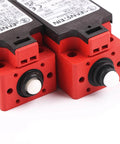 Front view of two red and black Beefed Up Elevator Speed Limiter Buffer Tension Wheel Switch With Manual Reset Or Automatic Reset 188625 188626.