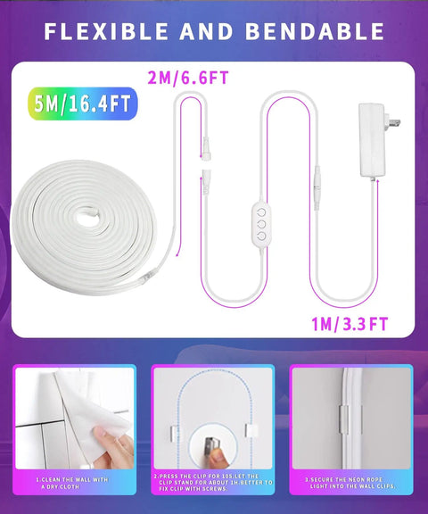 16.4ft RGBIC LED Neon Rope Lights With Music Sync Dope Color Changing Rope Lights For Bedroom And Gaming Room Works With Alexa And Google Assistant DIY Shapeable Neon Lights 2.4GHz WiFi, demonstrating flexible installation.