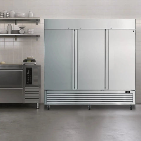 Rock Solid Commercial Workhorse Upright Freezer And Convertible Refrigerator With 72 Cubic Feet Capacity Frost Free Design Slick Stainless Steel Exterior in a kitchen setting.