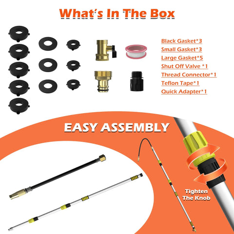 All In One Gutter Cleaning Kit with Telescopic Pole Reaching Up To 24 Feet Flexible Wand And Adjustable Flow Shut Off Clean parts