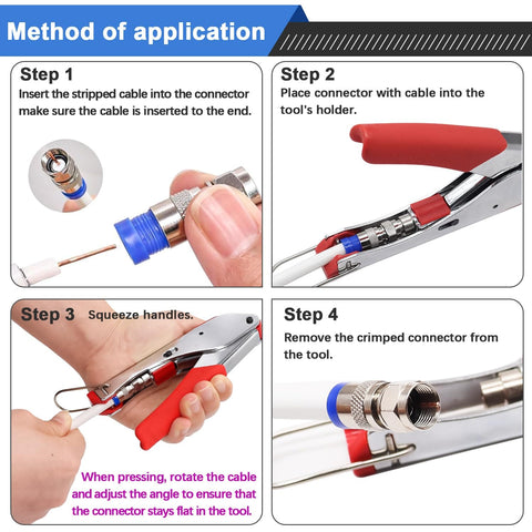 Method of using Coax Cable Crimper Tool Set For RG59 RG6 RG58 With Wire Stripper And Compression Fittings Includes 5 F Type RG6 Connectors