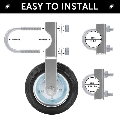 Heavy Duty 6 Inch Gate Wheel Caster For Smooth Glide On Metal Swing Gates Fits 1 5/8 To 2 Inch Frames. Installation details with sawtooth bracket.