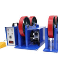 Beefy 110V Welding Tank Turning Rolls Linkage Roller With Rotary Positioner, Adjustable 0.8 To 32 Inch Diameter, 2200 Lb Capacity, PU Rollers For Welding Setup And Equipment Support. blue welding tank turning rolls with red PU rollers, foot pedal, and control panel