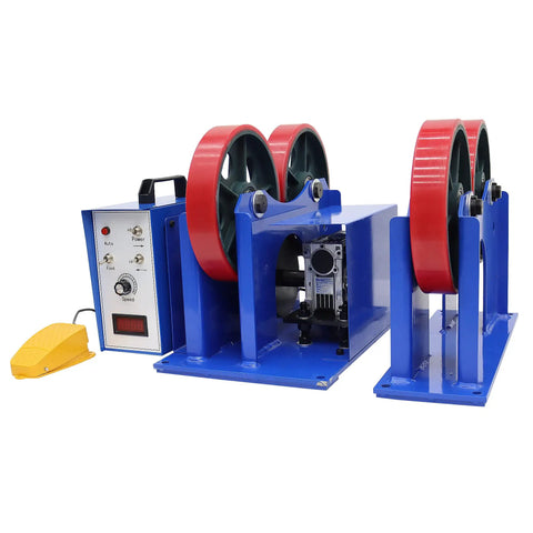 Beefy 110V Welding Tank Turning Rolls Linkage Roller With Rotary Positioner, Adjustable 0.8 To 32 Inch Diameter, 2200 Lb Capacity, PU Rollers For Welding Setup And Equipment Support. blue welding tank turning rolls with red PU rollers, foot pedal, and control panel