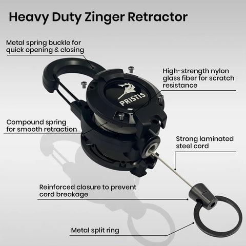 Heavy duty zinger retractor from Micro Pocket Pliers With Zinger Retractor For Saltwater Fishing Aluminum Hook Remover set with labeling.