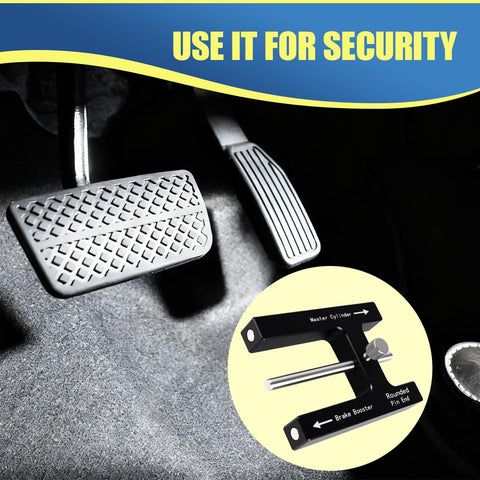 Craedli brake booster push rod adjustment tool (black) with aluminum magnet length gauge beside car pedals.