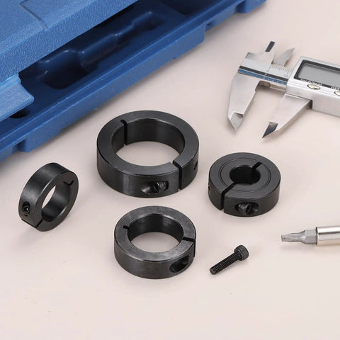 Four Piece 8mm Bore Single Split Shaft Collar With 25mm Outer Diameter And 8mm Thick Carbon Steel Black Oxide Clamp Collar With Set Screws For Heavy Duty Machinery And DIY Projects